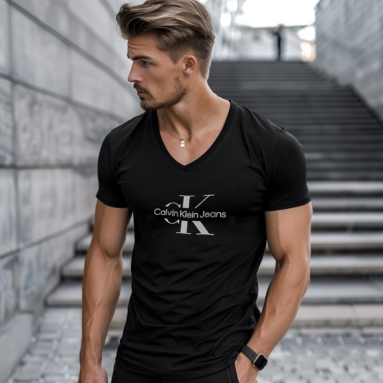 Czarna koszulka Calvin Klein męska dekolt w serek