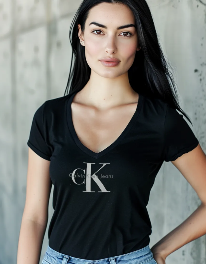 Koszulka Damska Calvin Klein Czarna Dekolt V - obrazek 2